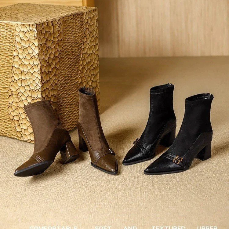 Yyvonne Brown Short Boots Women Thick And 2025 Autumn And Winter New Splicing Elastic Thin Boots Tips 6CM High Heels