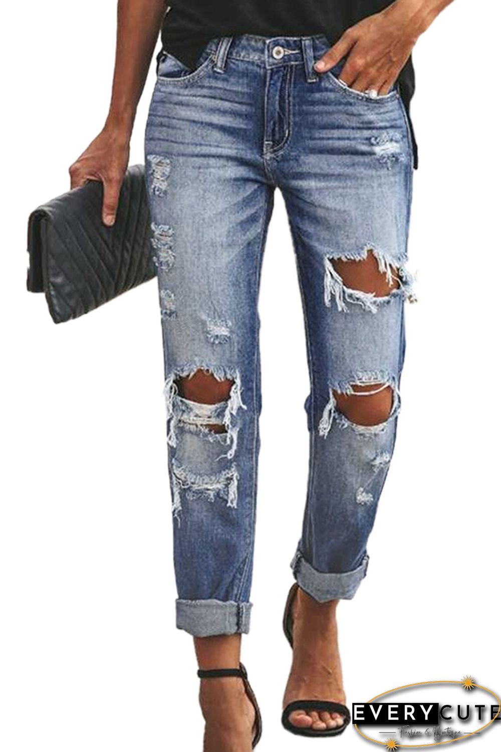 Wholesale Blue Mid Waist Straight Leg Distressed Wash Jeans Online