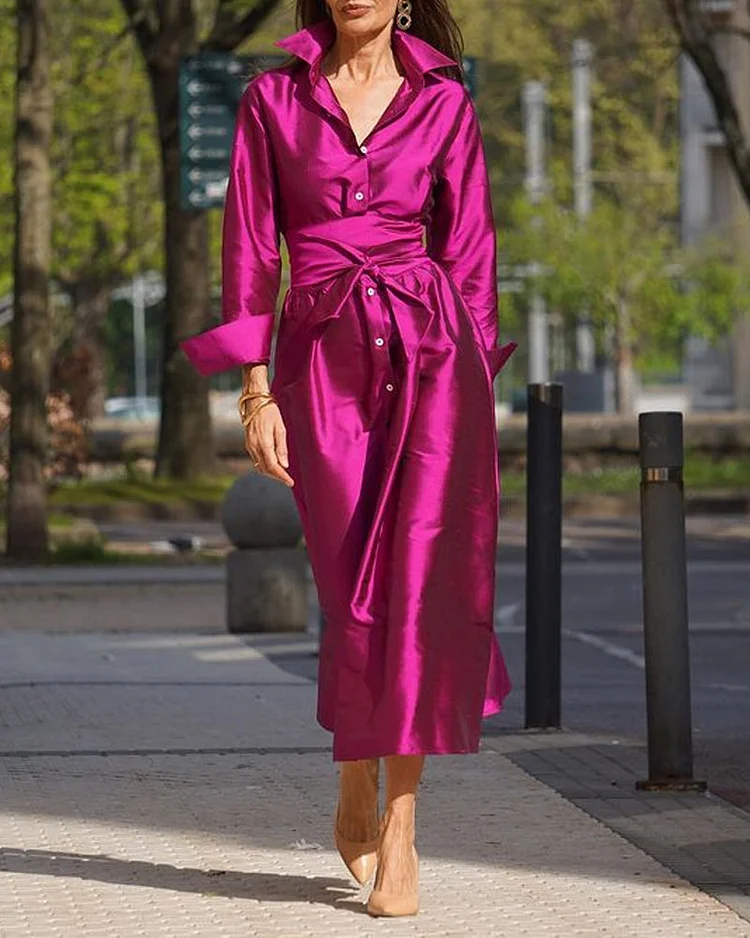 Fashion Solid Color Lapel Dress