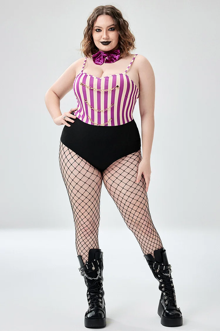 Xpluswear Design Plus Size Halloween Costume Purple Velvet Bodysuit Two Pieces Set (Without Hat)（Ships 24h）