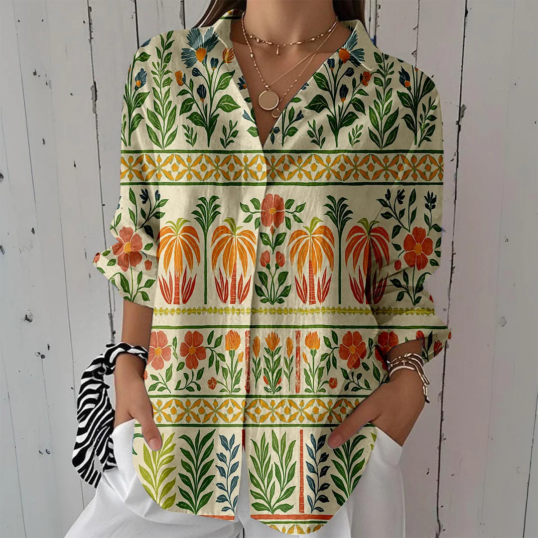 Style & Comfort for Mature Women Women Artistic, Floral, Green DZCL0129 3/4 Sleeve Shirt Collar Printed Button Tops