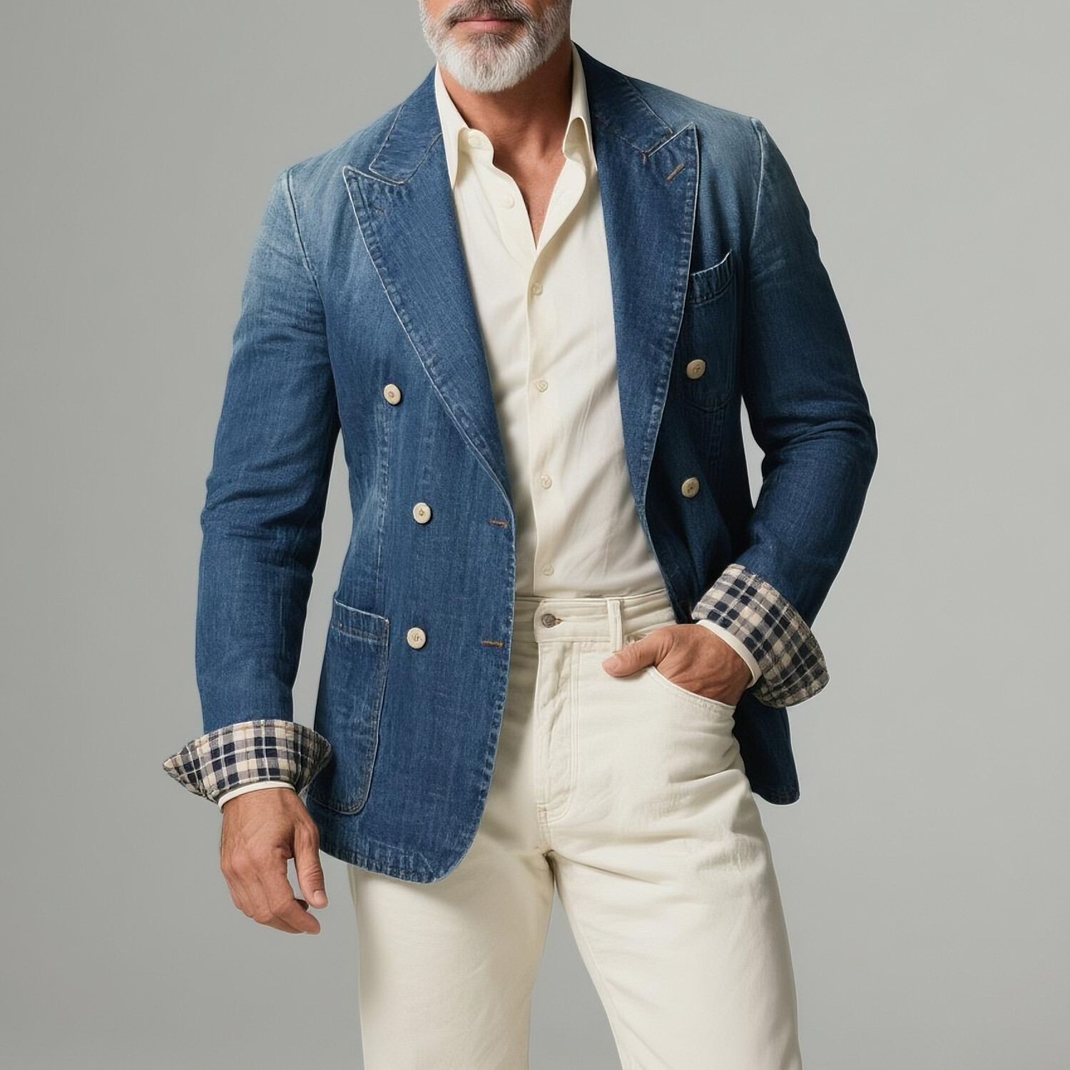 Men's Denim Peaked Lapel Double Breasted Long Sleeve Plaid Cuff Blazer