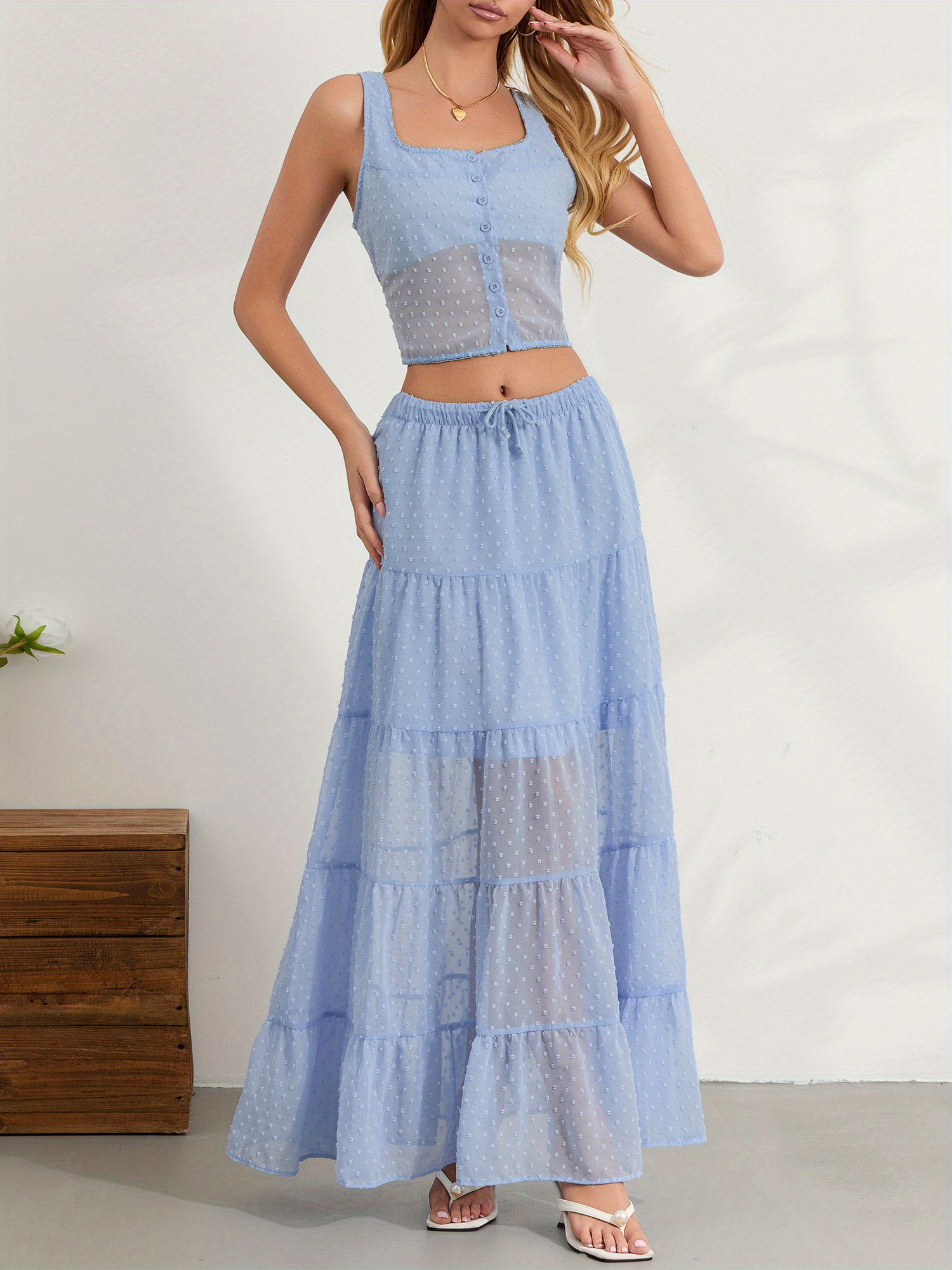 Women's Summer Outfits Solid Color Scoop Neck Tank Tops with Tiered A-line Skirt Set Party Clothes