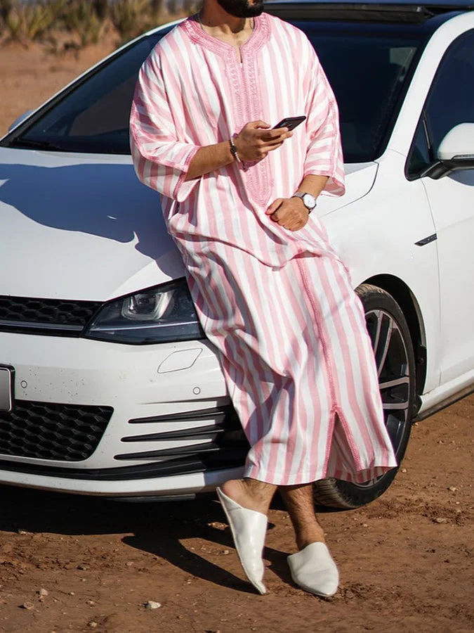 Men's Pink-White Striped Long Sleeve Abaya