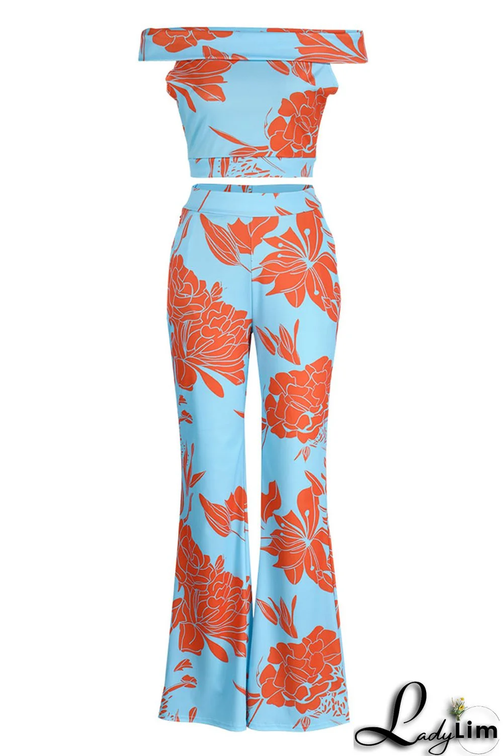 Light Blue Fashion Casual Print Patchwork Backless Off the Shoulder Short Sleeve Two Pieces