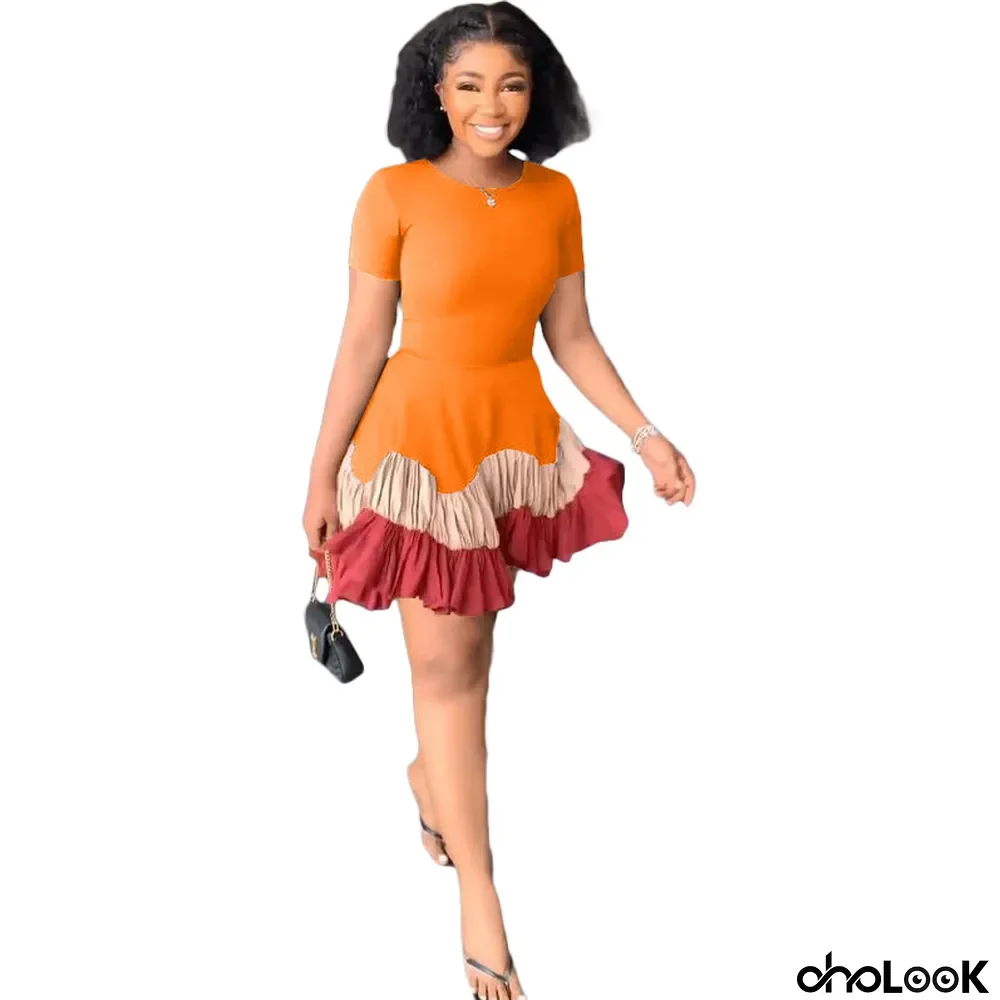 Women Summer Colorblock Short Sleeve Pleated Dress