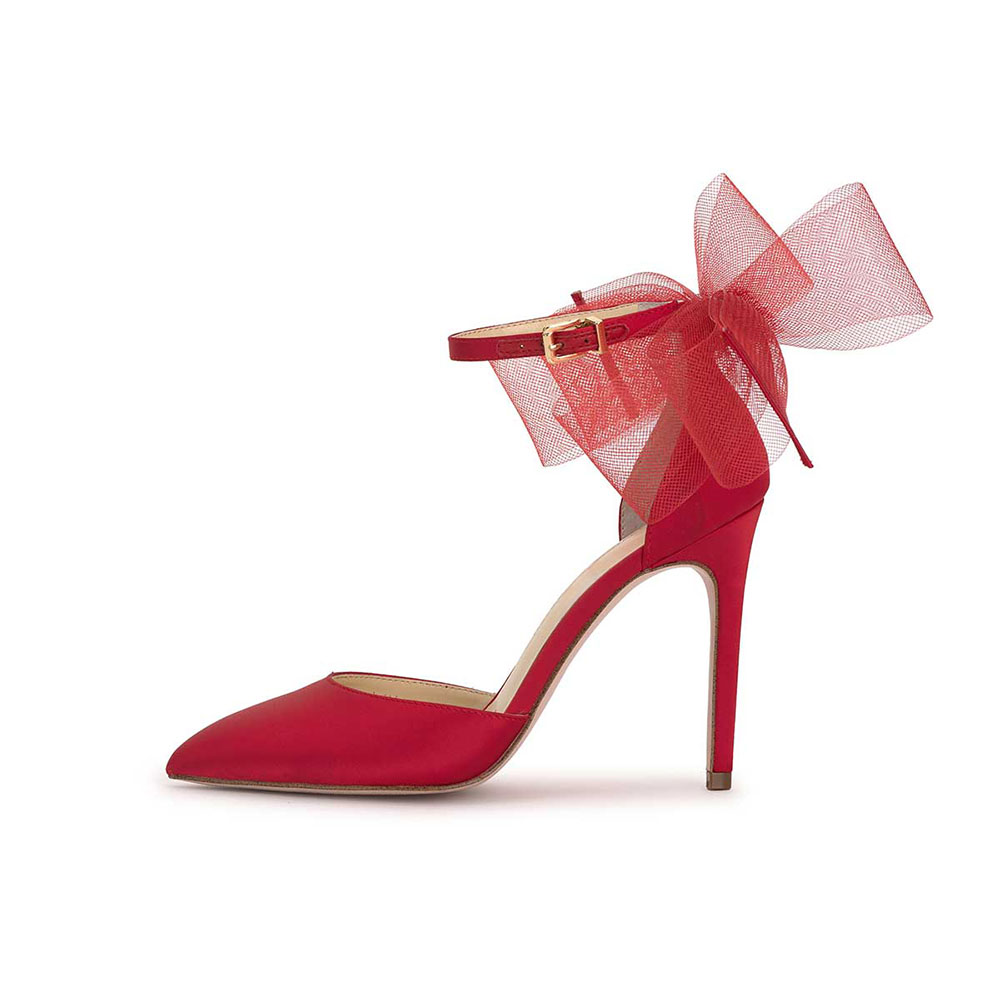 Red Satin Pointed Toe 4'' Stiletto Heel Pumps with Bow Nicepairs