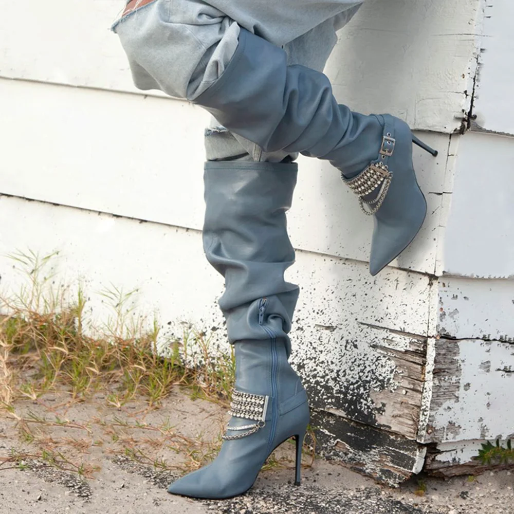 Blue Pointed Toe  Boots Soft Knee High Boots