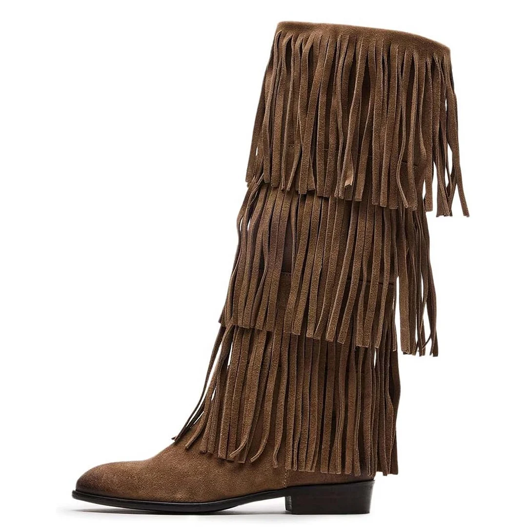 Vegan Suede Closed Toe Fringe Mid-Calf Women's Flat Boots in Khaki