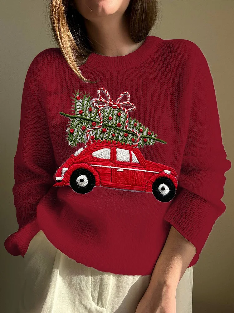 Women's Drive Transport Christmas Tree Fun Embroidery Print Comfortable Soft Red Crew Neck Sweater