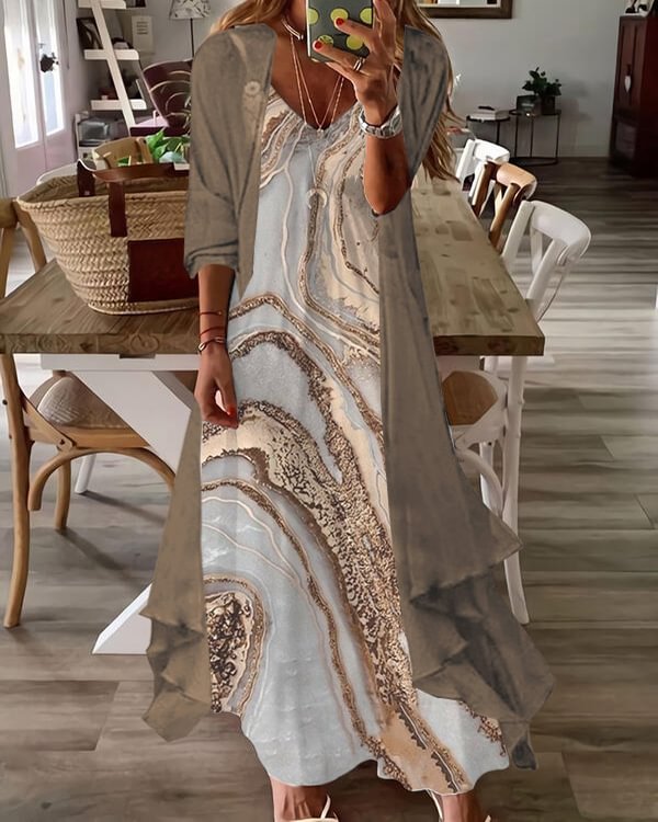Two Half Sleeves Marble Floral Print Casual Vintage Sexy Dresses