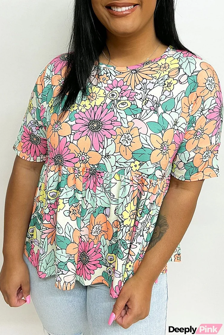 Plus Size Floral Print Short Sleeve Flowy Top