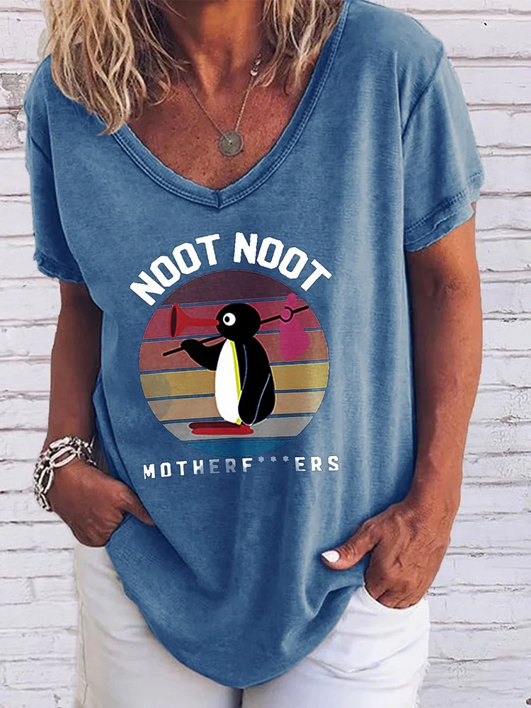 Bestdealfriday Noot Noot Penguin V Neck Shift Cotton Blend Short Sleeve Woman's T-Shirts Tops
