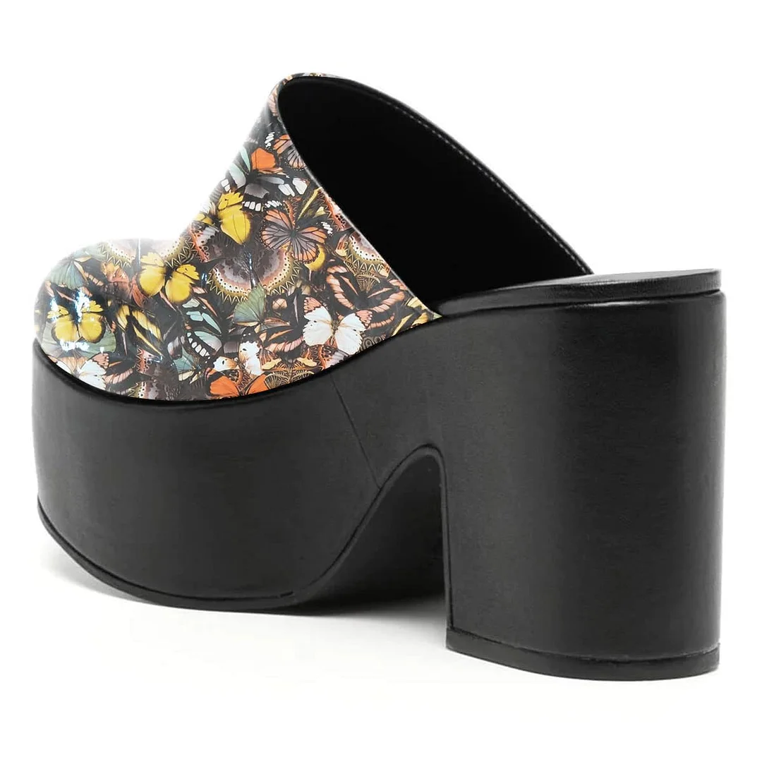 Multicolor Butterfly Print Round-Toe Platform Mules with Block Heel