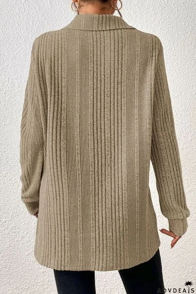 Slit Johnny Collar Long Sleeve Sweater