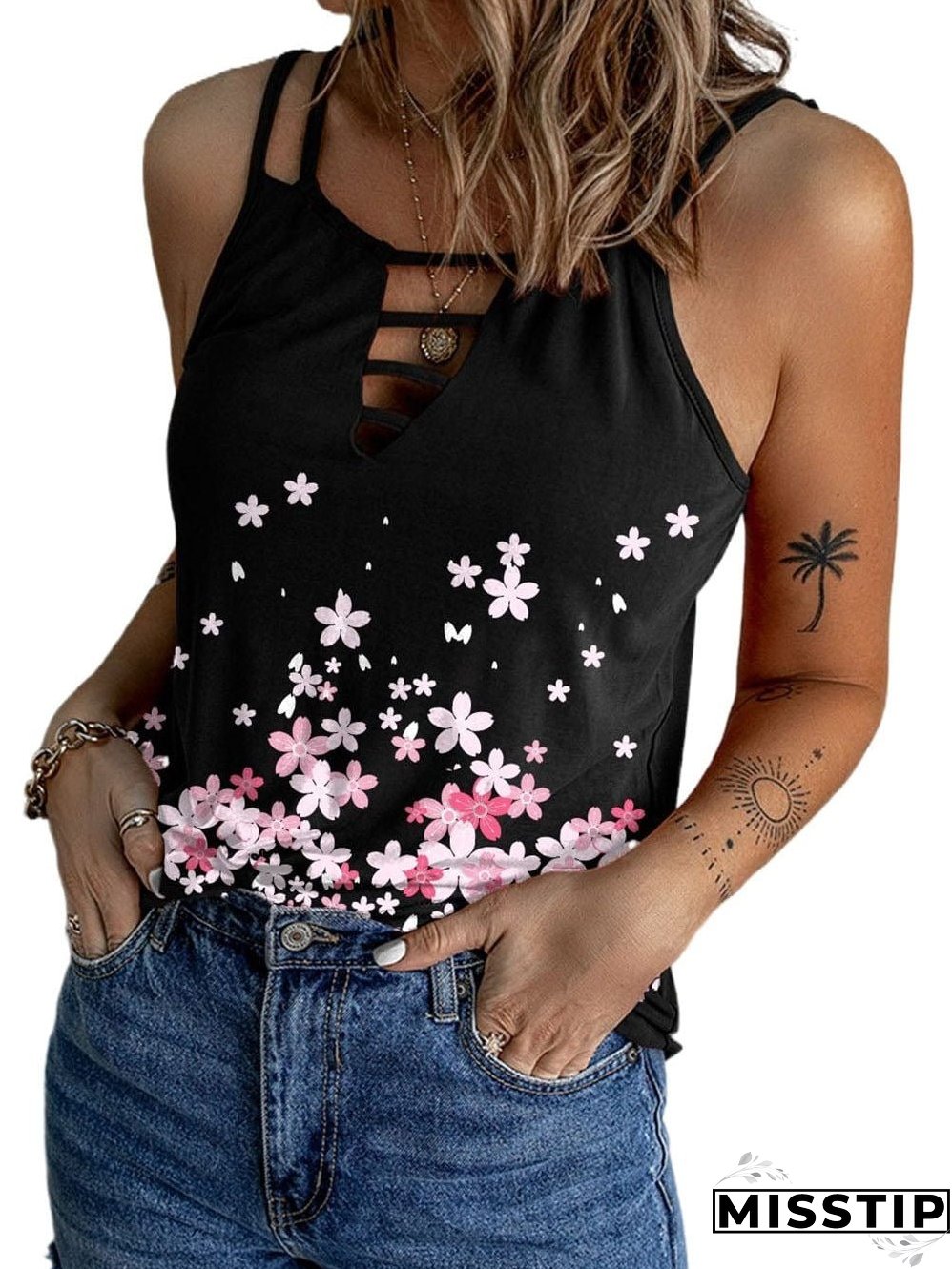 Chic Black Floral Lace-Up Spaghetti Strap Tank Top