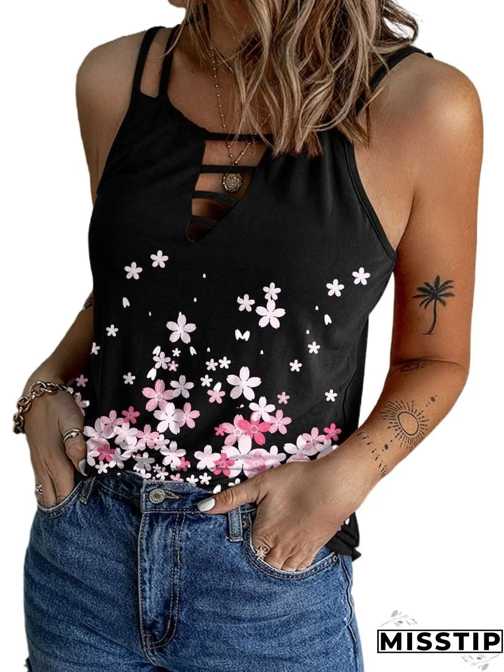 Chic Black Floral Lace-Up Spaghetti Strap Tank Top