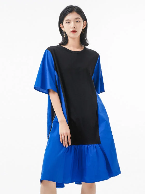 Urban Black Blue Contrast Color Midi Dress