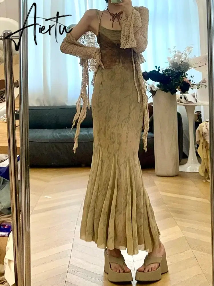 Aiertu Spring Autumn Sexy Vintage Fashion Printing Mermaid Robe Irregular Cardigan Set Female Sleeveless Elegant Slim Dress Top Suit Aiertu