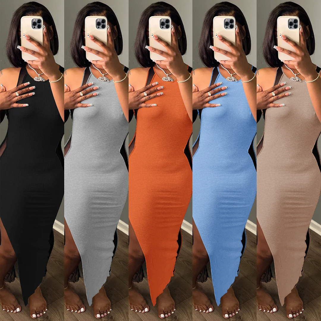 Fashion Solid Color Sexy Slit Mesh Stitching Dress | IFYHOME