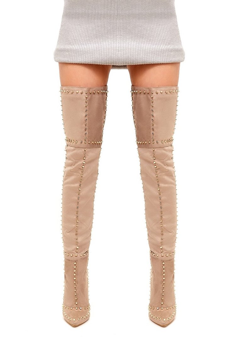 Khaki Studed Thigh High Stiletto Heel Long Boots with Zipper |FSJ Shoes