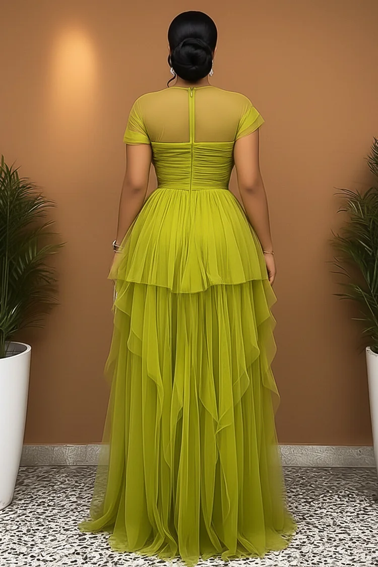 Short Sleeve Cinch Waist High Slit Tulle Gowns Maxi Dresses-Green [Pre Order]
