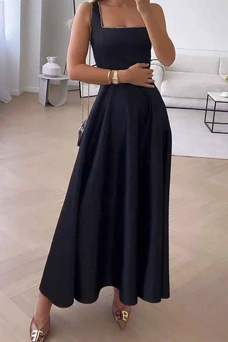Square Neck Straps Pleated Hem Bridesmaid Satin Elegant Maxi Dresses