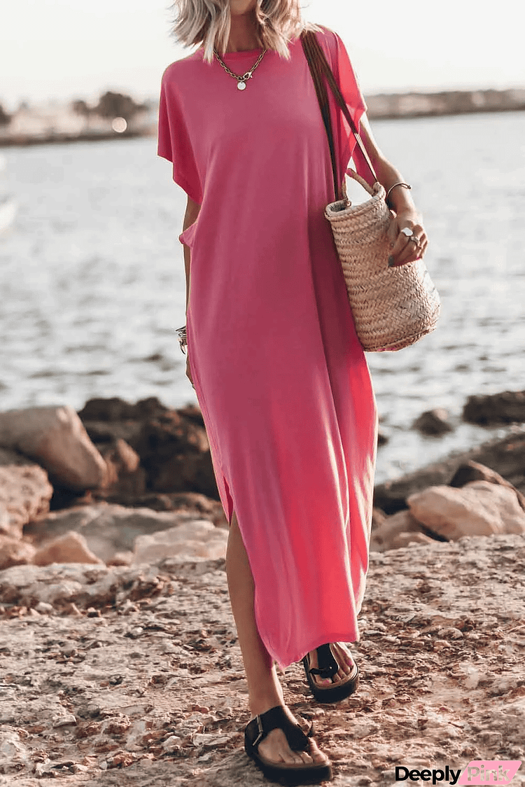 Pink Crew Neck Bat Sleeve Split Maxi T-shirt Dress