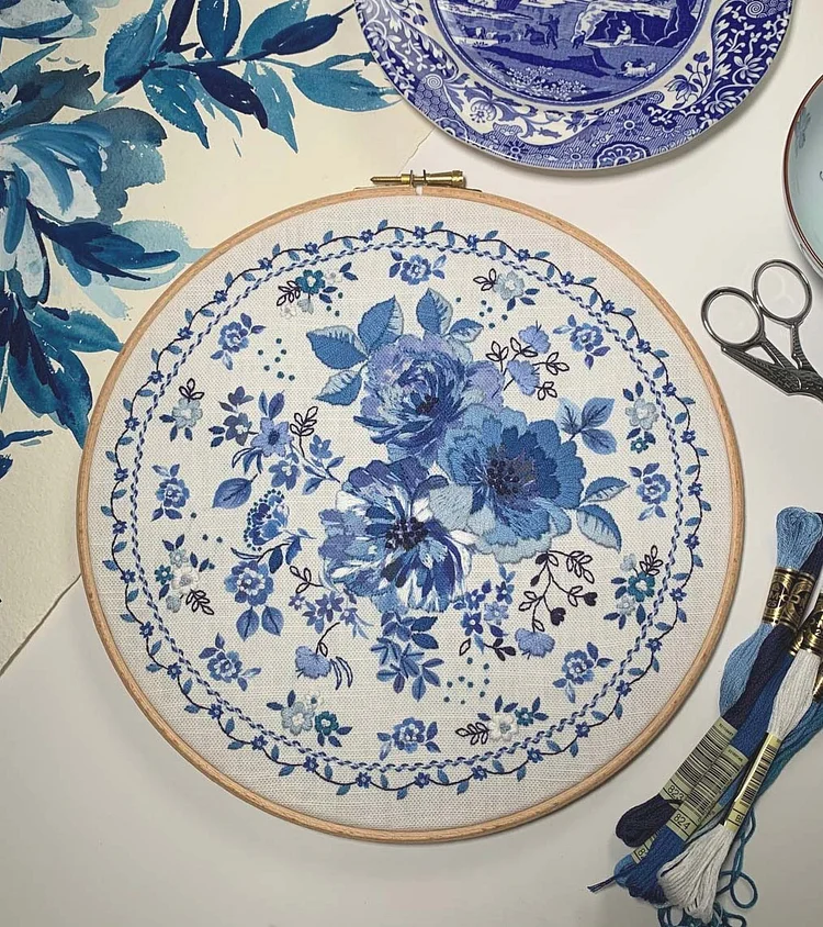 Blue Floral Embroidery Kit