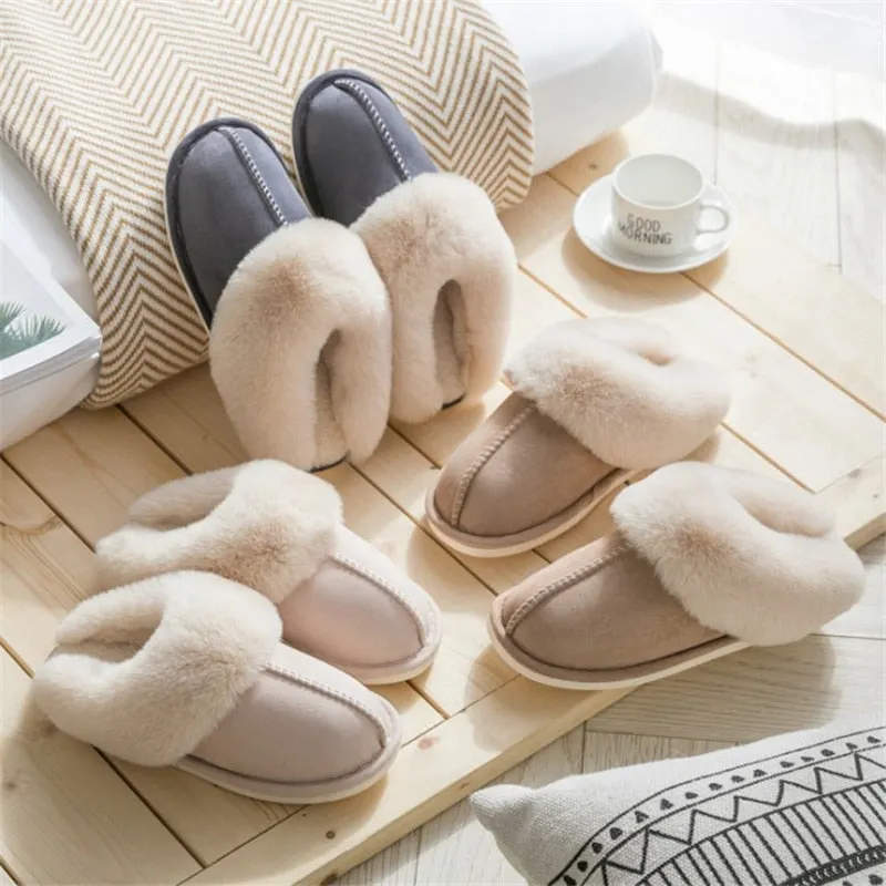 JIANBUDAN Plush warm Home flat slippers Flock soft comfortable winter slippers Men's Women's cotton shoes Indoor plush slippers