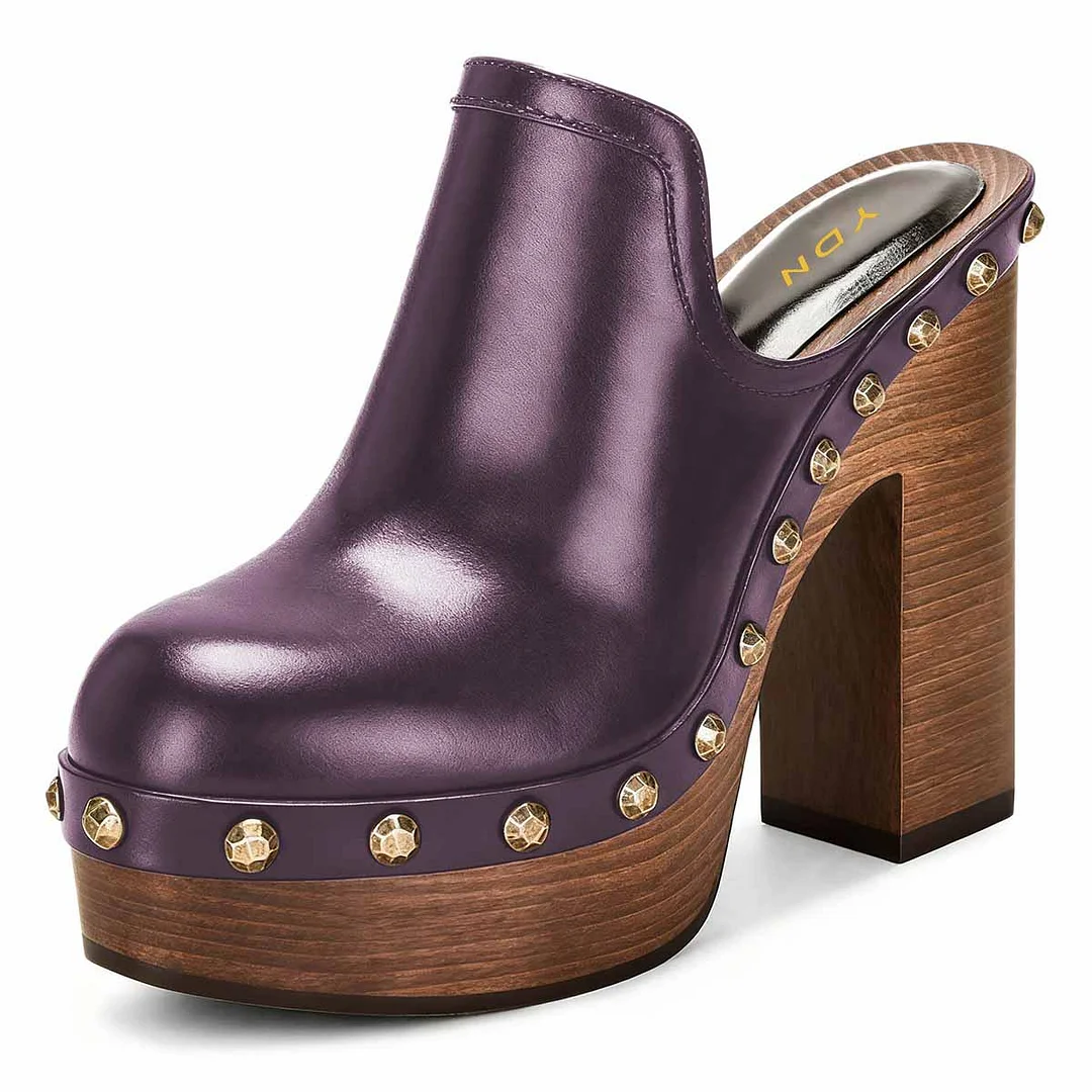 Purple Closed Toe Casual Chunky High Heel Studded Platform Mules
