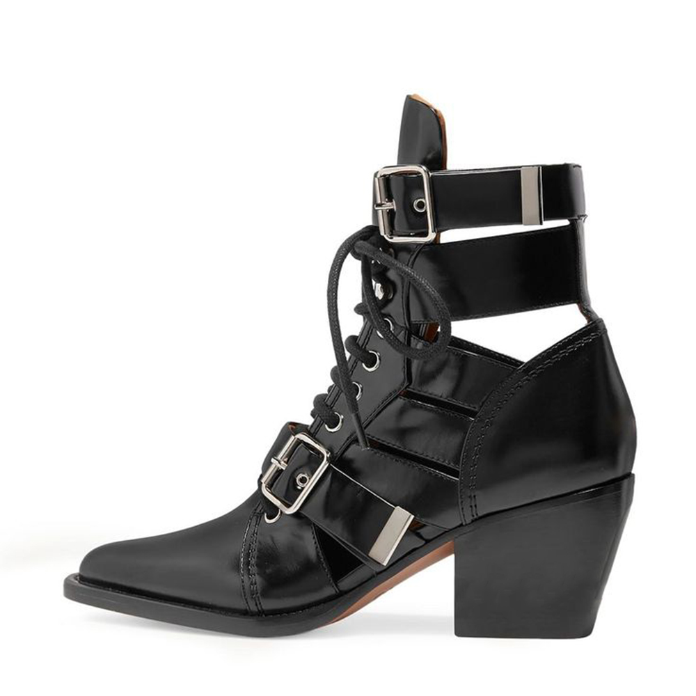 Black Gladiator Lace-Up Buckle Strap Pointed Toe Cut-Out Ankle Boots Nicepairs