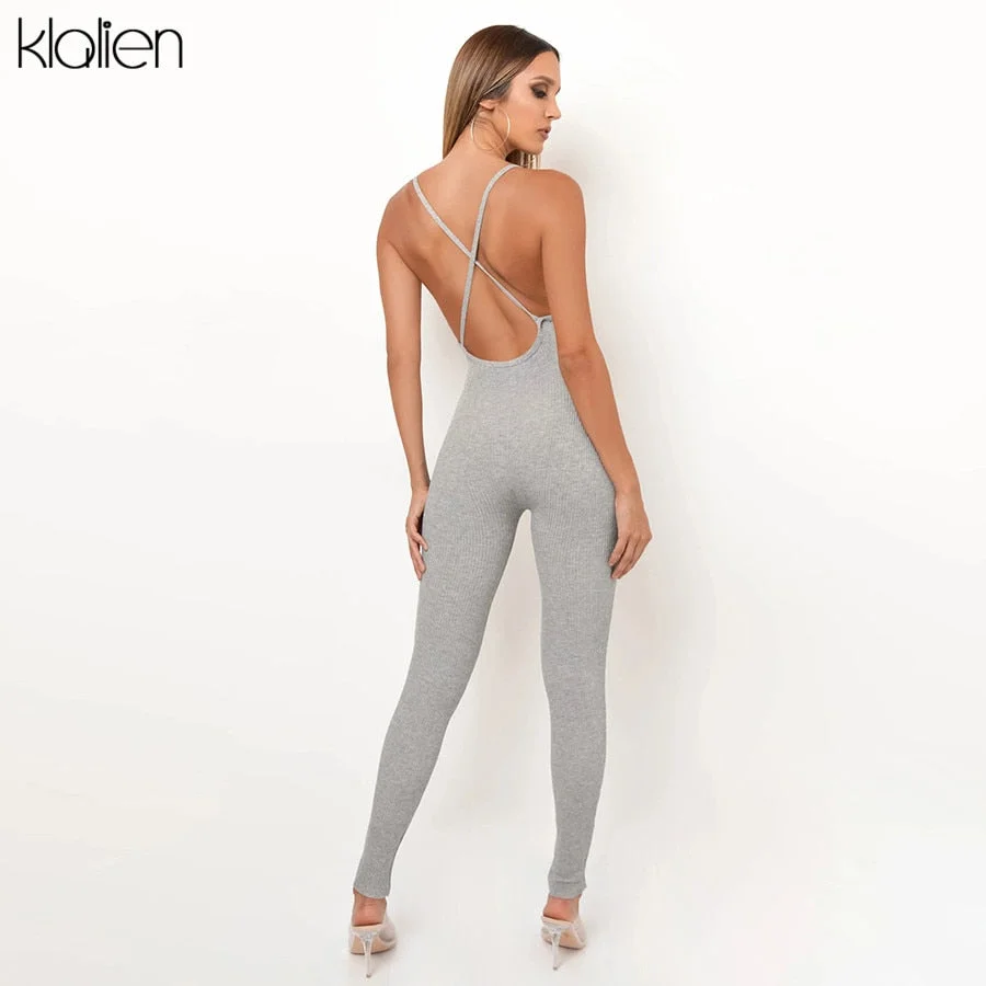 KLALIEN Summer Casual Sport Fitness Streetwear Female Jumpsuit Sexy V Neck Backless Skinny Elastic Jumpsuit Women Yoga Outfit