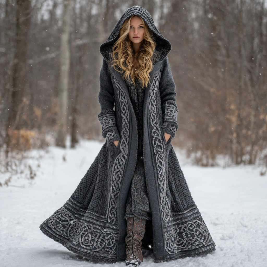 Women's Viking Celtic Knot Knit Button Hooded Cardigan elevenforest