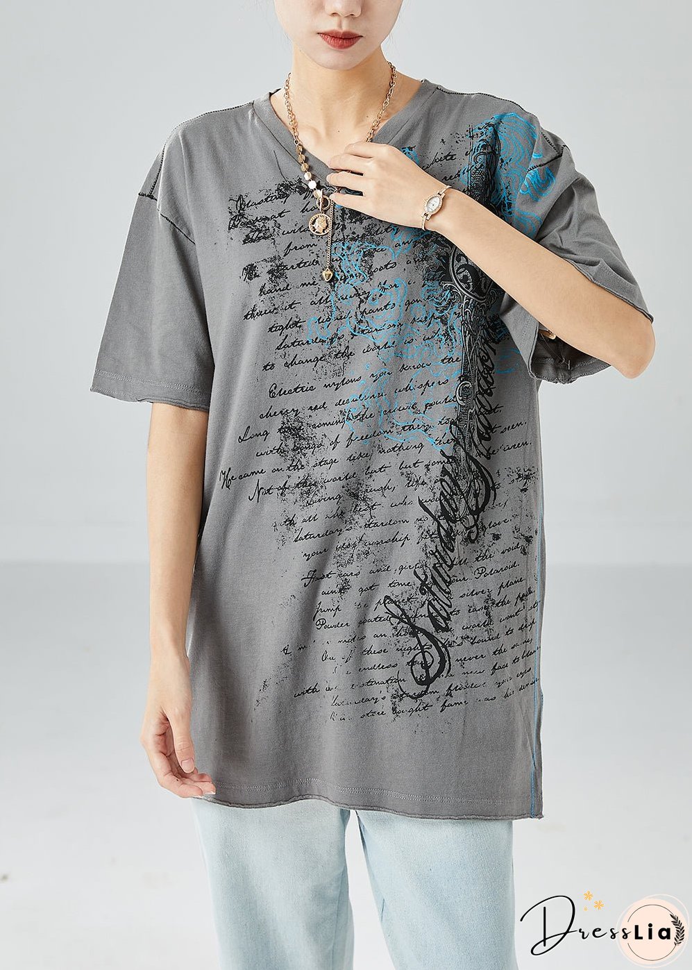 Plus Size Grey V Neck Print Cotton Tanks Summer