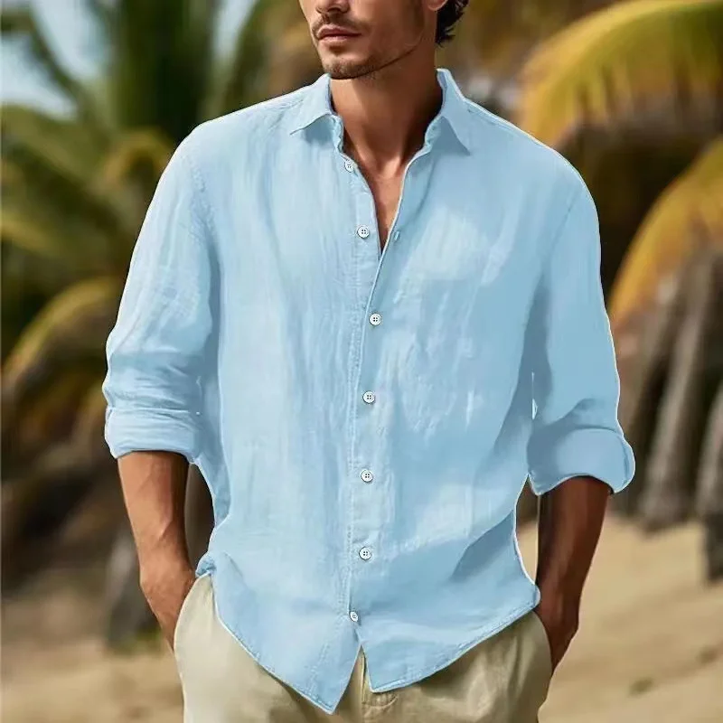 Uveng Uveng Men's Linen Shirt Button Shirt Summer Beach Shirt Pure Color