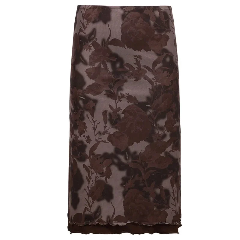 Huiketi Grunge Aesthetics Brown Mesh Midi Skirts Y2K Streetwear Low Waist Printing A-Line Skirt Elfcore Outfits Retro Fall