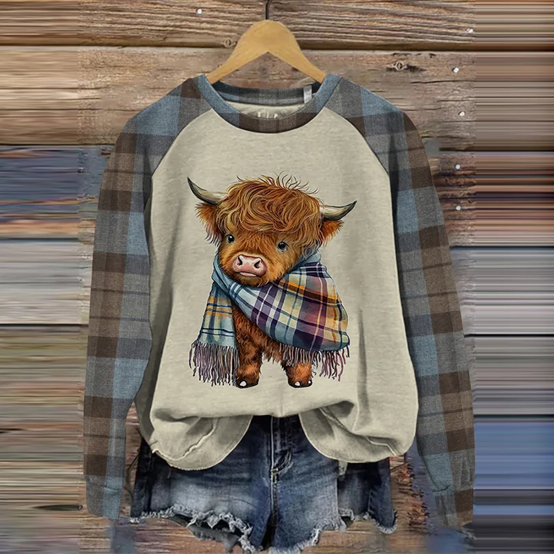 Vintage Highland Cow Deer Plaid Raglan Sweatshirt