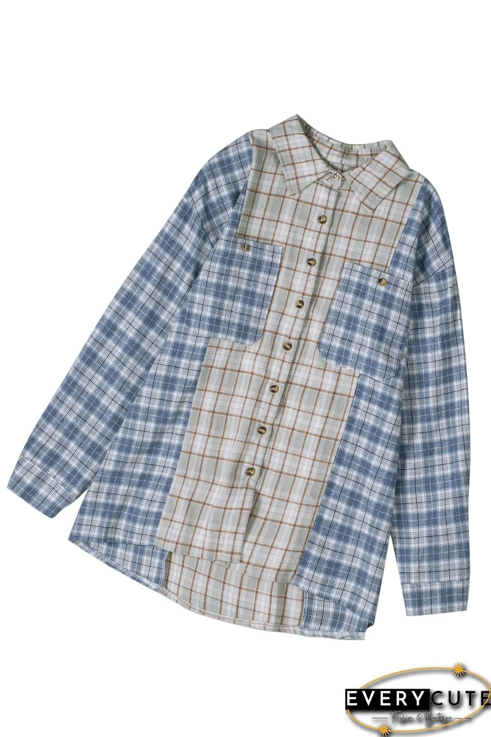 Sky Blue Plaid Color Block Pocket Button-up Long Sleeve Shirt