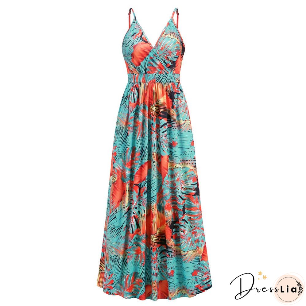 Bohemian print maxi dress sexy V-neck slip dress