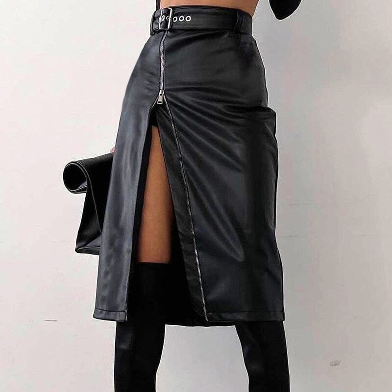 Budgetg 2022 Autumn Winter Black Pencil Skirts Women Pu Leather Sexy High Waist Split With Belt Midi Skirt Bodycon Party