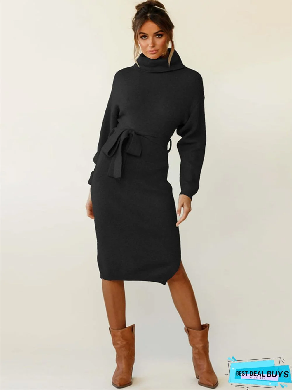 Solid Color Long Sleeved Knit Turtleneck Dress