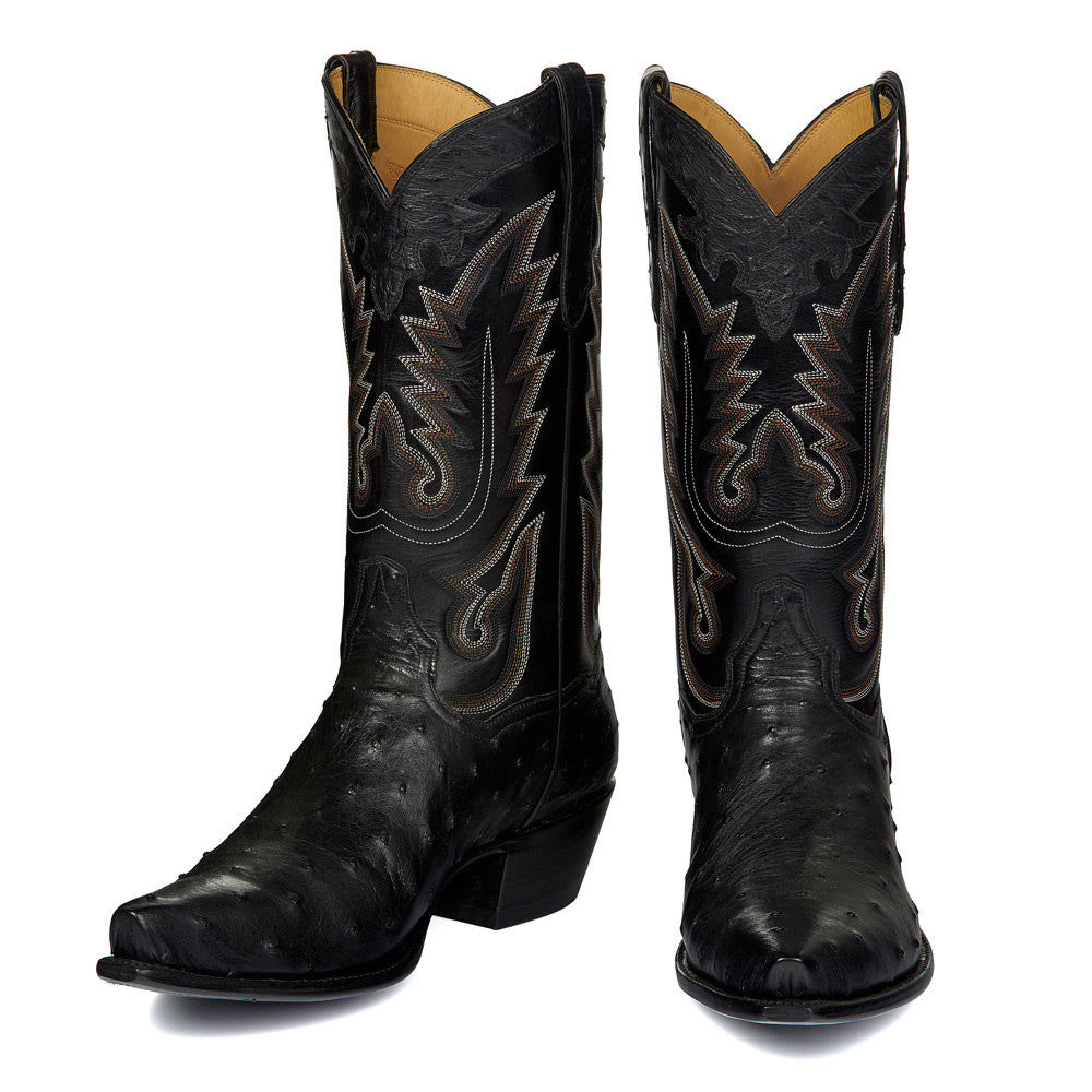 Fashion Ostrich Embossed Snip Toe Embroidered Cowgirl Boots in Black Nicepairs