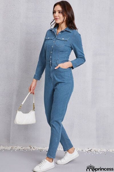 Snap Down Denim Jumpsuit with Pockets