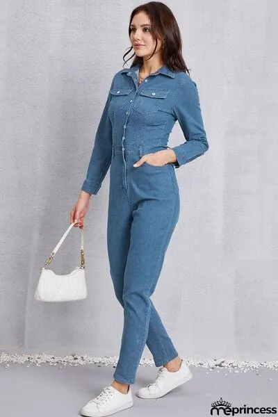 Snap Down Denim Jumpsuit with Pockets