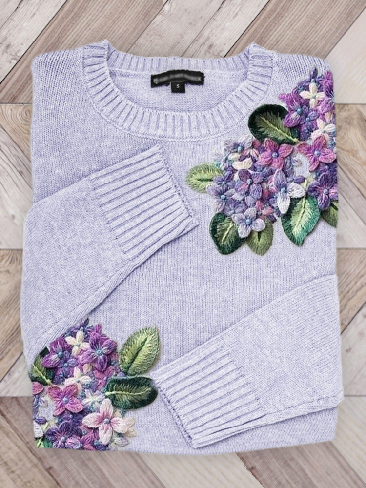 Comstylish Hydrangea Flowers 3D Embroidered Knit Sweater