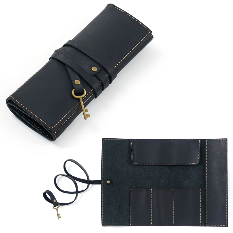 Head Layer Cowhide Pencil Bag Crazy Horse Leather Pen Box Multifunction Retro Art Stationery Bundle and Coil Type Storage Case