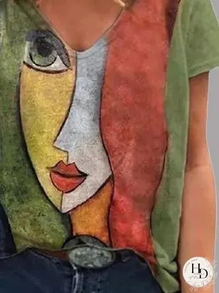 Abstract Character Print V-neck Short Sleeve T-Shirts