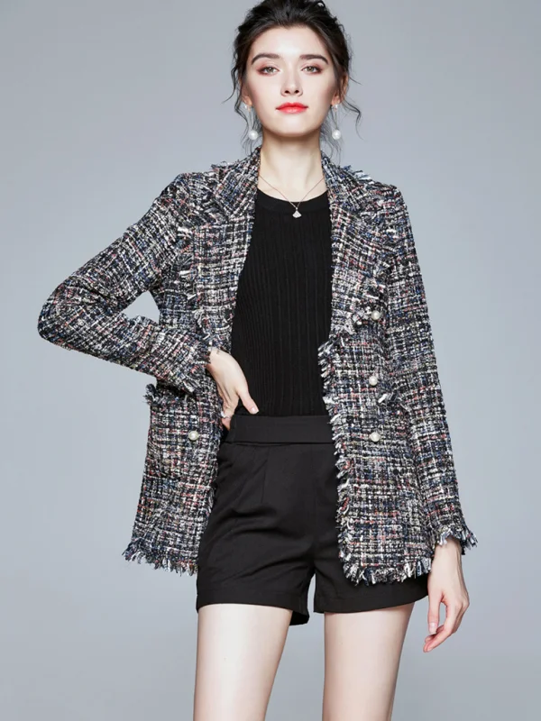 Women's long sleeve suit collar tweed jacket Flusfy