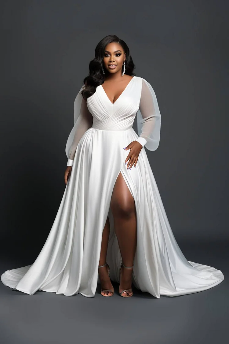 Xpluswear Design Plus Size Wedding White Elegant V Neck Puff Sleeve Long Sleeve Split See Through Satin Maxi Dresses [Pre-Order]